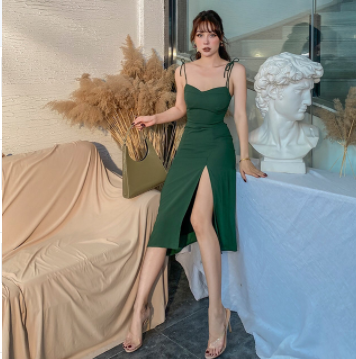 Retro dark green and white slit long skirt suspender skirt