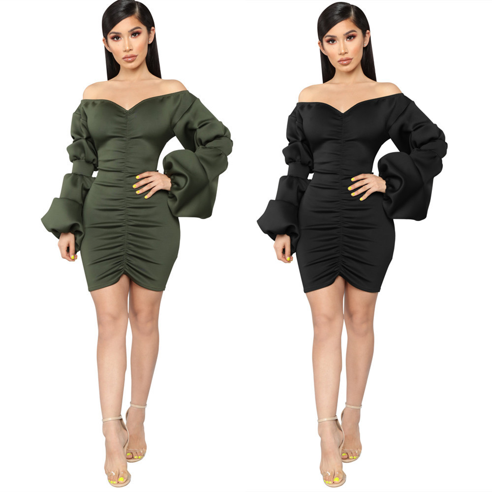 Slim Puff Sleeve One-shoulder V-Neck Dress