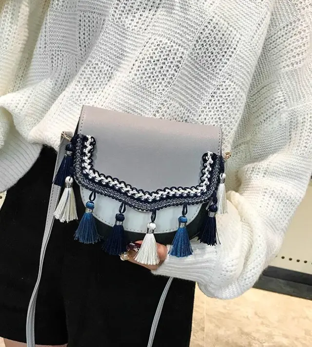 Women's ethnic style tassel shoulder bag Grey - Shop at LoveMi