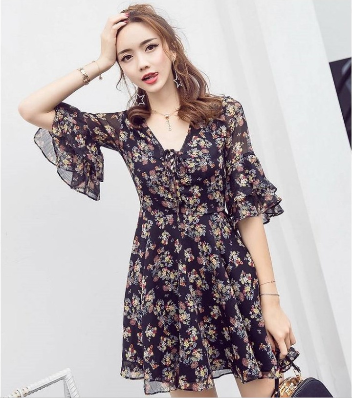 V-neck flared sleeve Floral Chiffon Dress