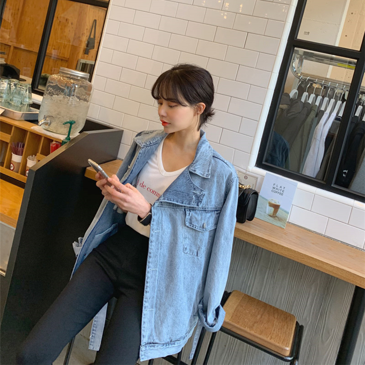 Large lapel belt tie denim jacket