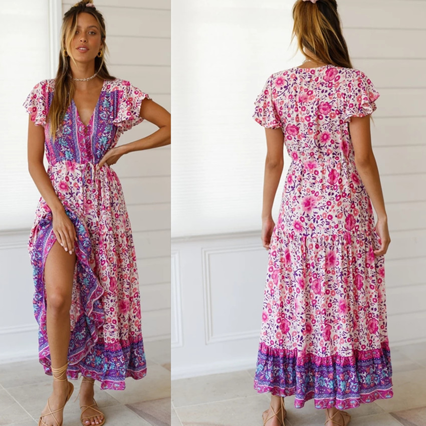 V-neck button pleated print dress