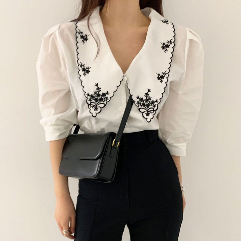 Embroidered contrasting loose puff sleeve shirt