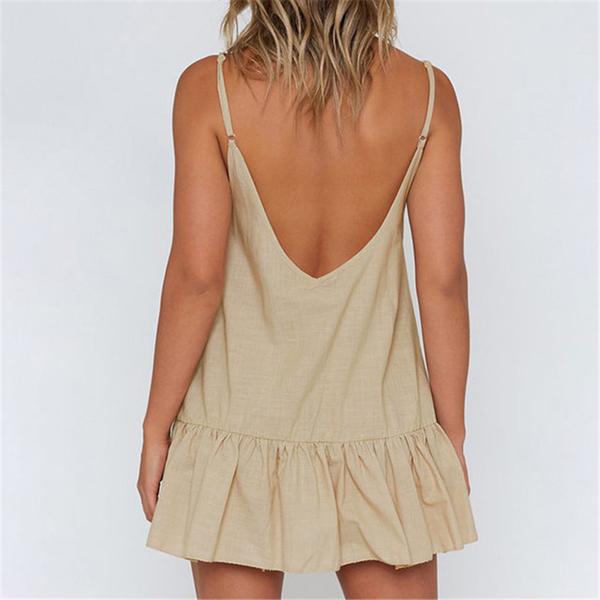 Pure color women's dress with cotton and linen sling