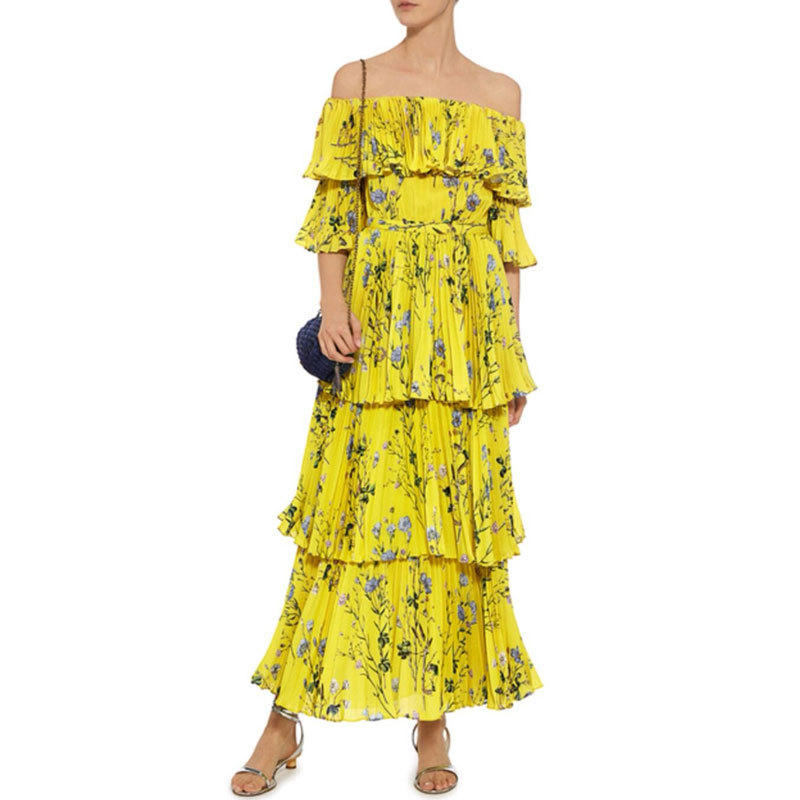 One-line collar printed pleated waist holiday dress