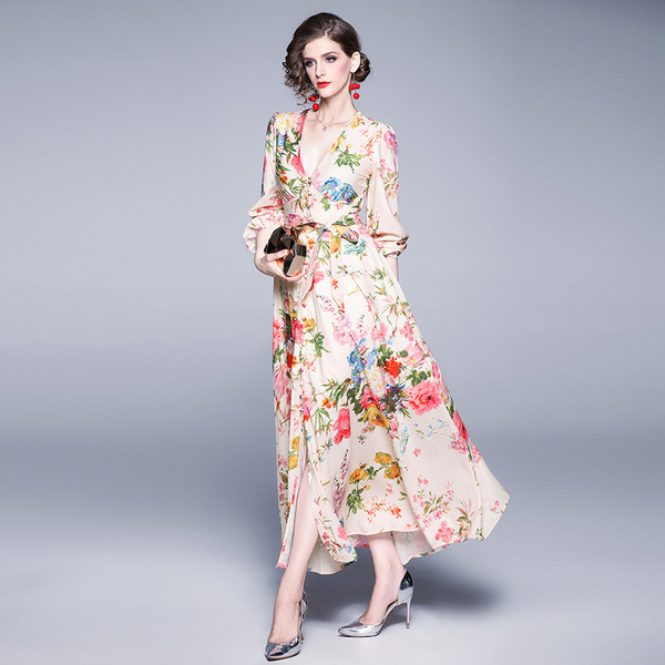 Ladies V-neck long sleeve cotton and linen dress