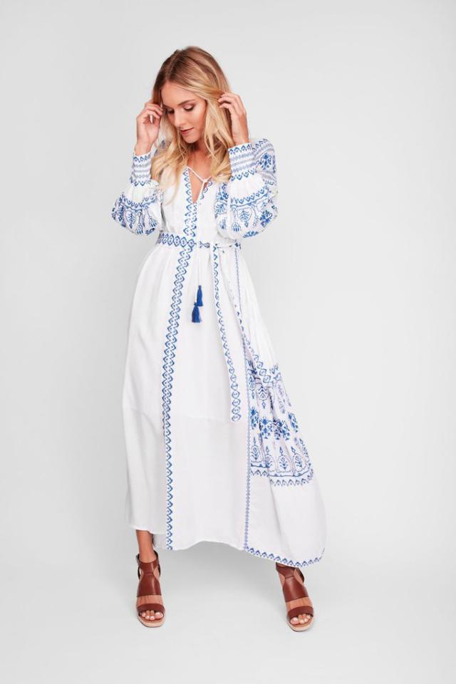 Fringe lace lantern sleeve long dress