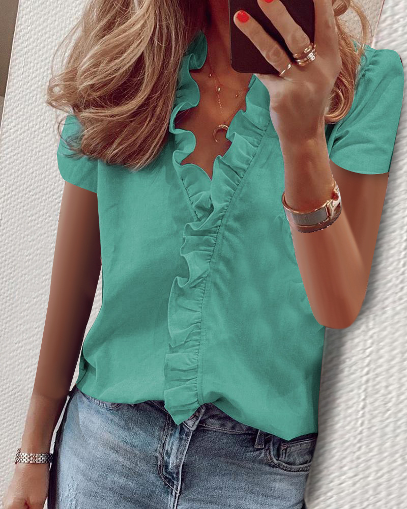Ruffled short-sleeved long-sleeved slim printed shirt for women