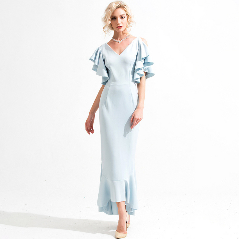 Solid color butterfly ruffled evening dress