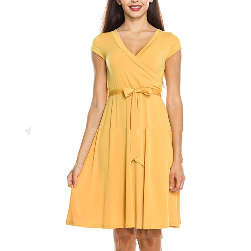Solid color stitching V-neck dress
