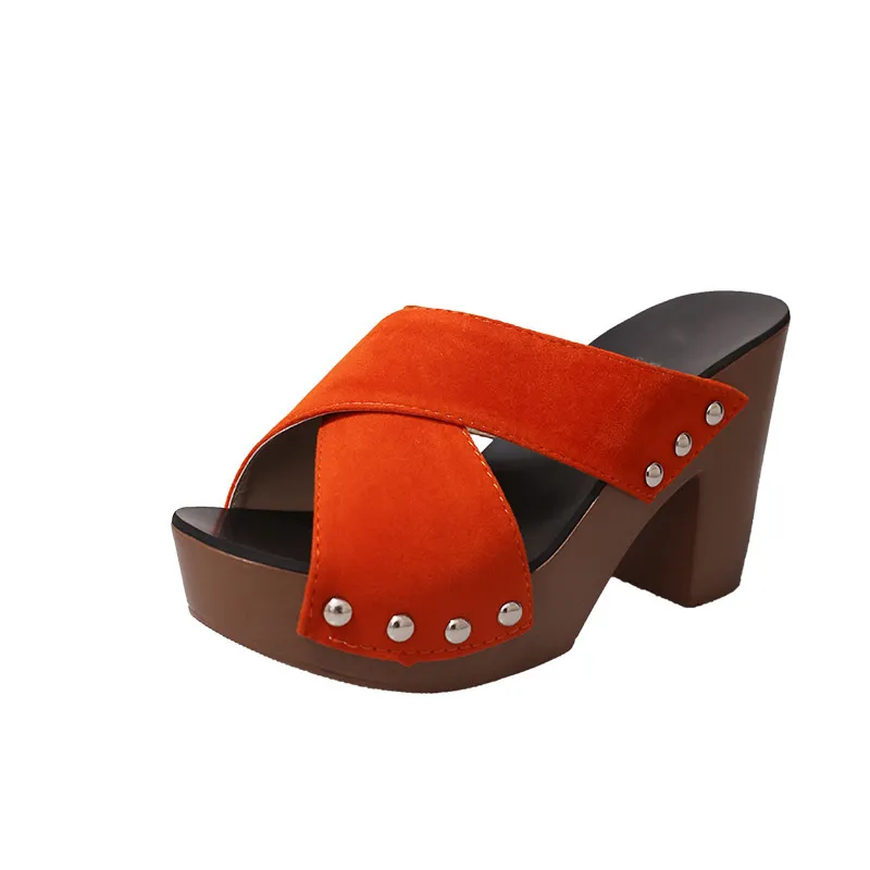 Fish mouth word rivet cross strap high heel thick with thick platform waterproof platform Roman sandals - Red