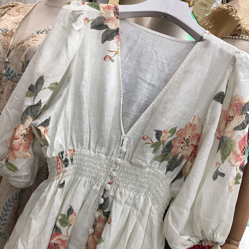 Mid-sleeve tunic cotton and linen long skirt