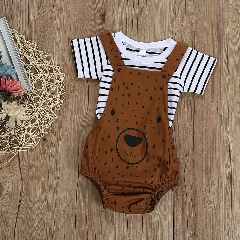 Black and white striped T-shirt + brown bear suspenders