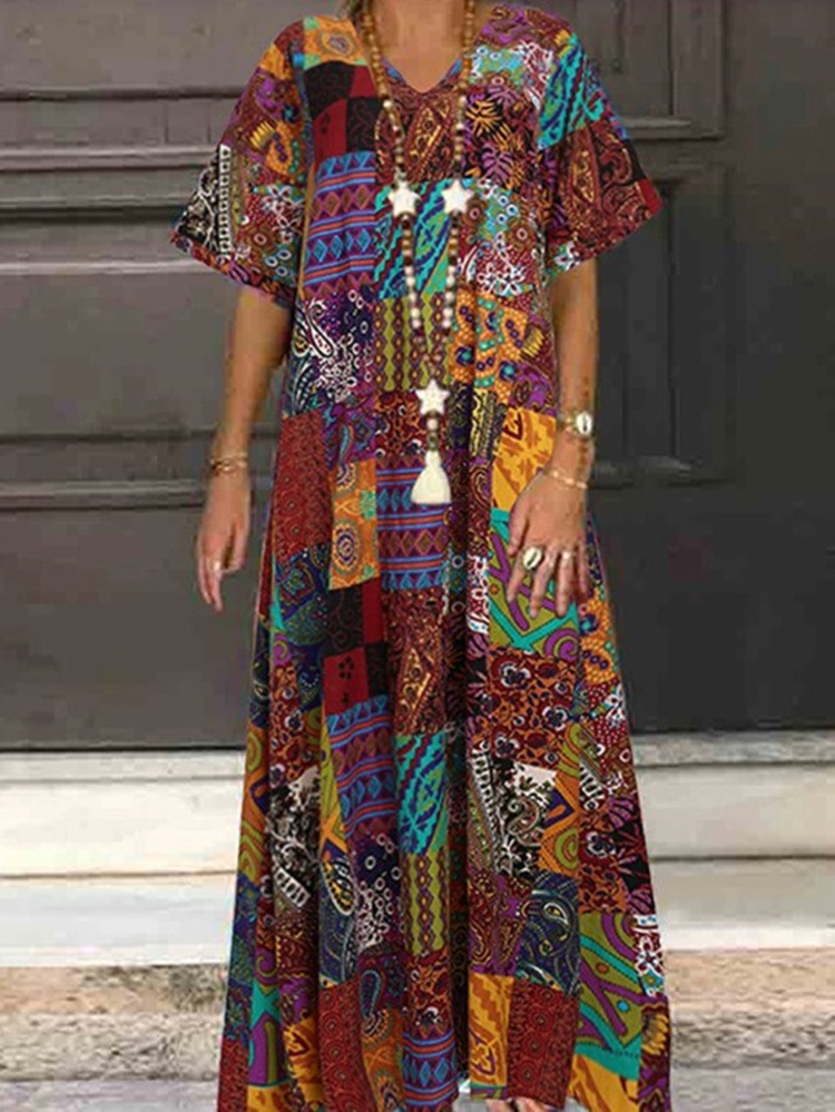 V-neck printed cotton and linen long dress