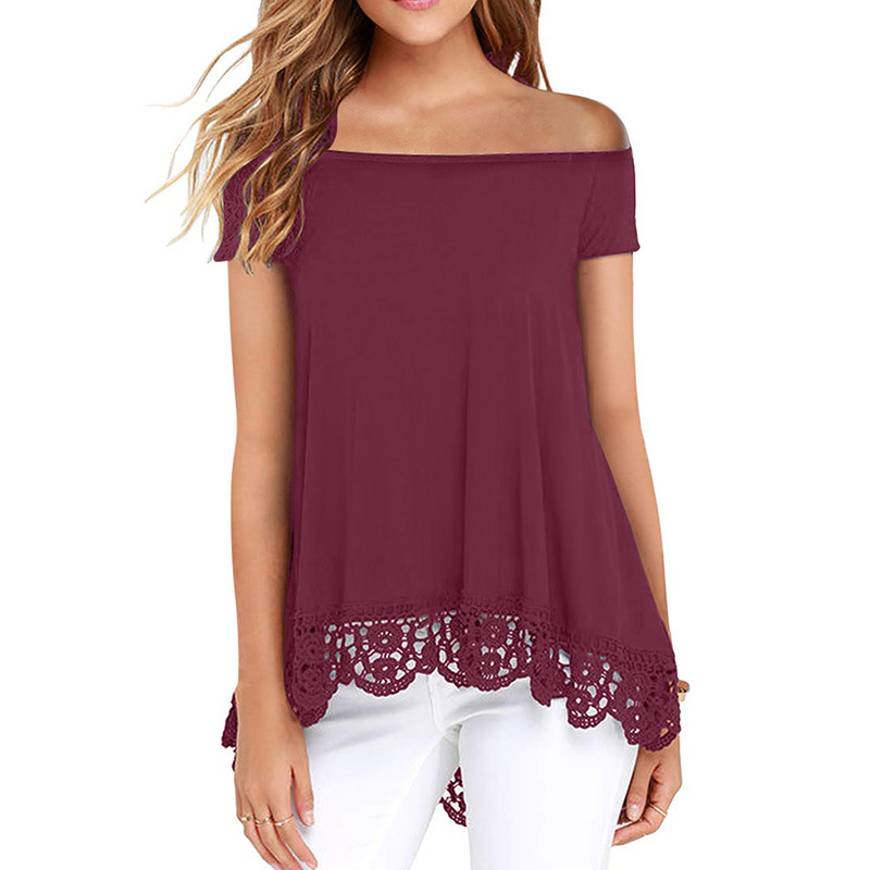 Shiying new lace top summer Europe and America Strapless straight neck short sleeve asymmetric lace T-shirt 253289