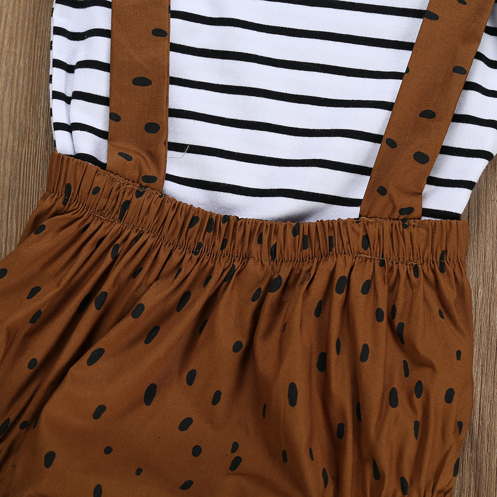 Black and white striped T-shirt + brown bear suspenders