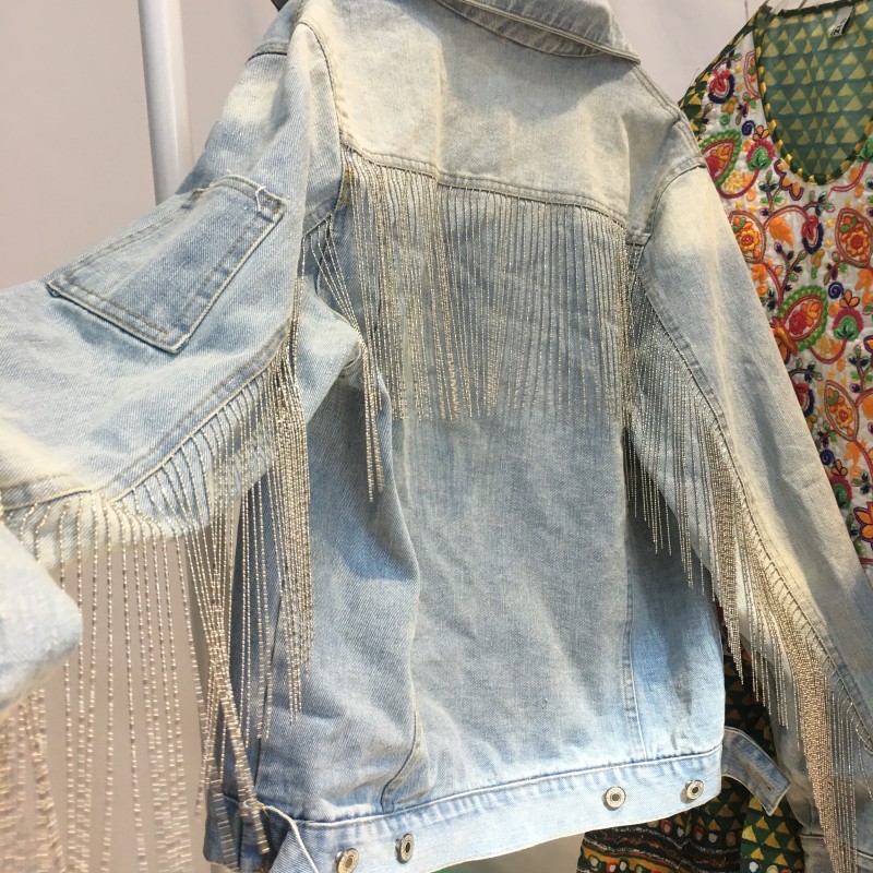 Chain tassel washed denim jacket