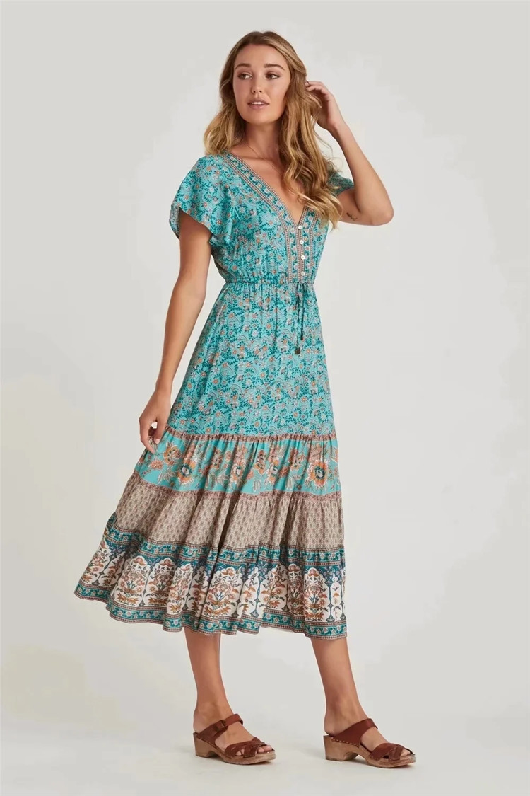 Printed V-neck short sleeve dress