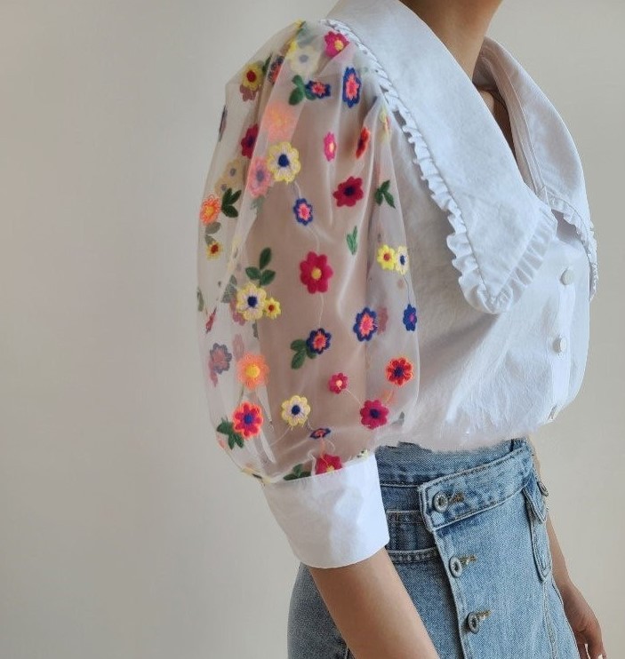 Doll collar stitching mesh embroidered daisy puff sleeve shirt