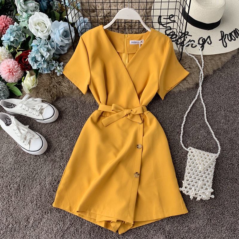 Summer seaside vacation V neck short sleeved jumpsuit Yellow - Shop at LoveMi