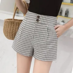 High waist plaid wide-leg shorts - Green - View 1