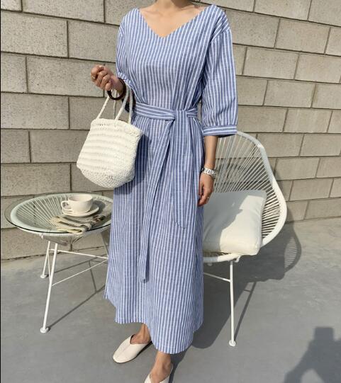Striped cotton and linen dress