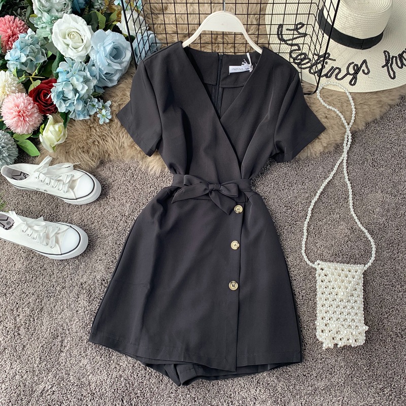 Summer seaside vacation V neck short sleeved jumpsuit Black - Shop at LoveMi