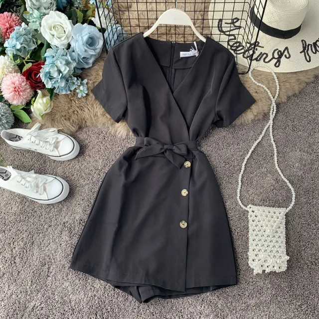 Summer seaside vacation V neck short sleeved jumpsuit Black - Shop at LoveMi