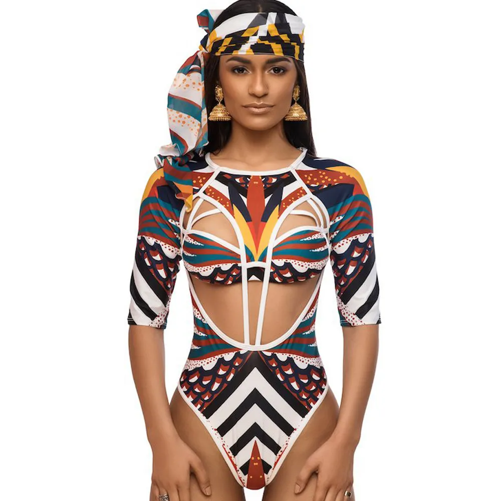 Digital print one-piece bikini - White