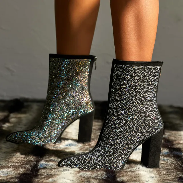 Rhinestone High Heel Boots Black - Shop at LoveMi