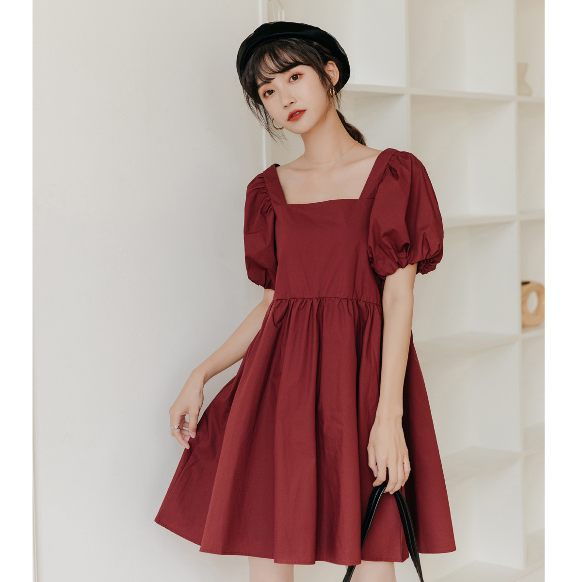 Puff sleeve loose mid-length bellflower skirt