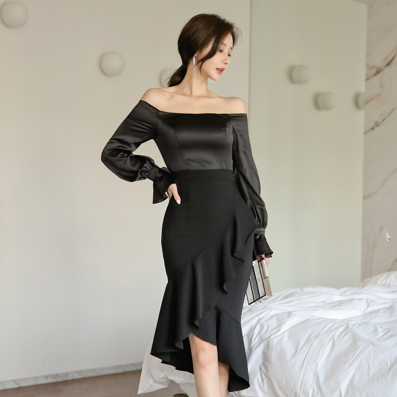 One-line neck lotus leaf slim wrap hip skirt