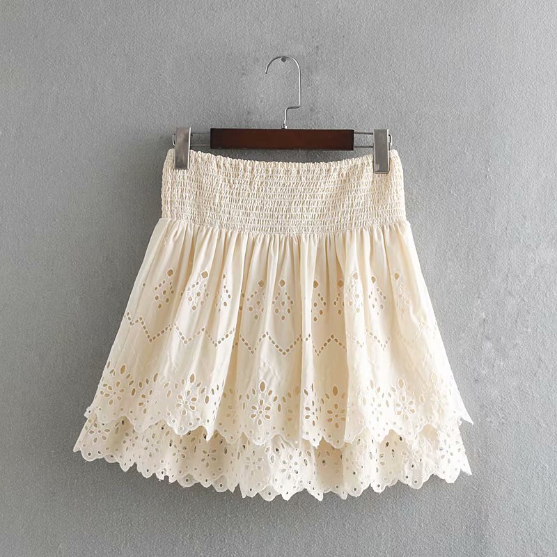 Lace hollow bottoming shirt + high waist elastic hollow skirt