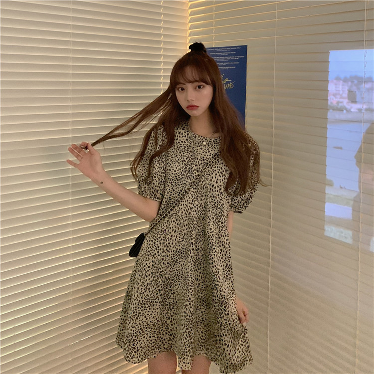 Leopard print puff sleeve waist short sleeve dress