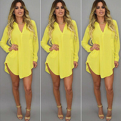 Long sleeve V-neck irregular chiffon shirt dress