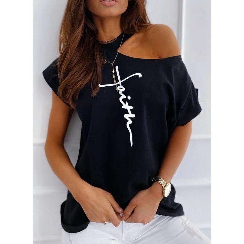 Solid color printed leaky shoulder T-shirt