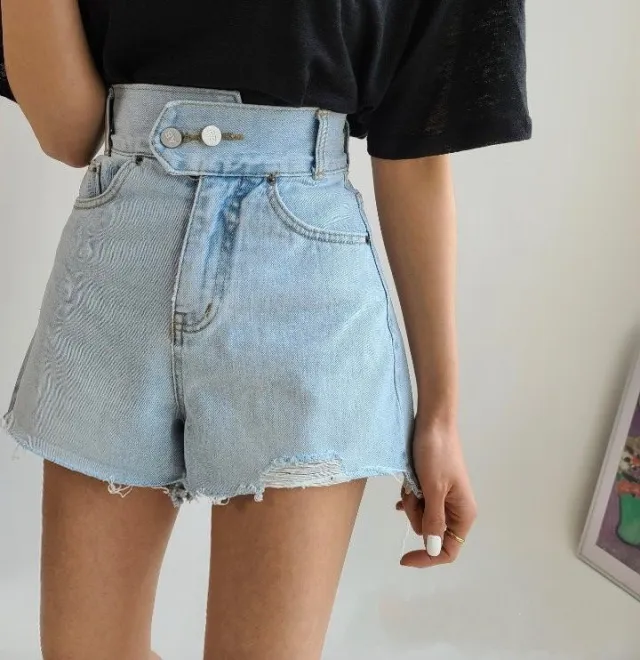 Two buttons washed frayed denim shorts Blue - Shop at LoveMi