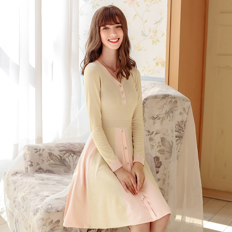 Temperament V-neck long-sleeved a-line skirt