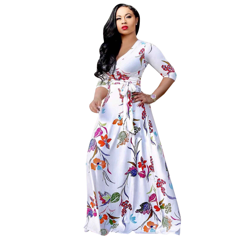 Women's sexy V-neck exquisite print floor length dress