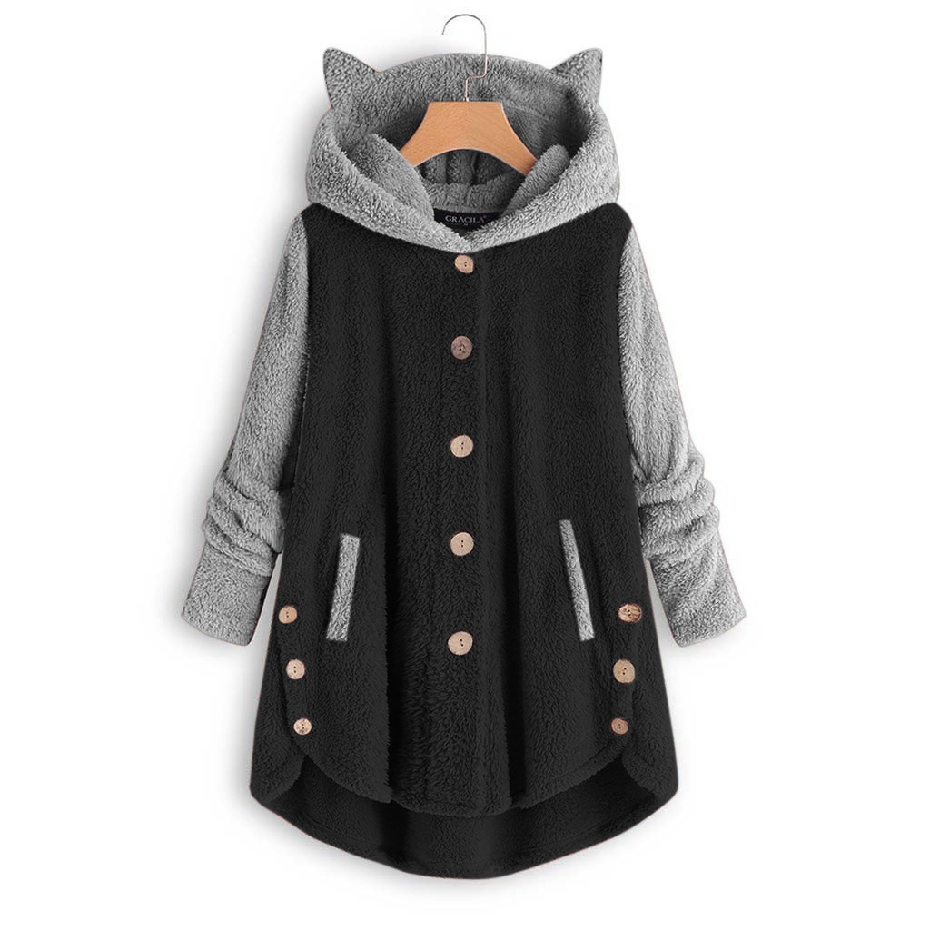 Buttoned hooded cat ear plush top