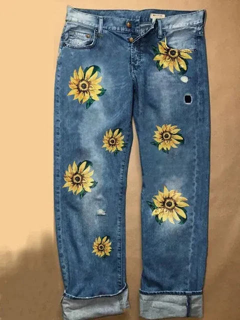 Printed washed wide leg trousers Dark Blue - Shop at LoveMi