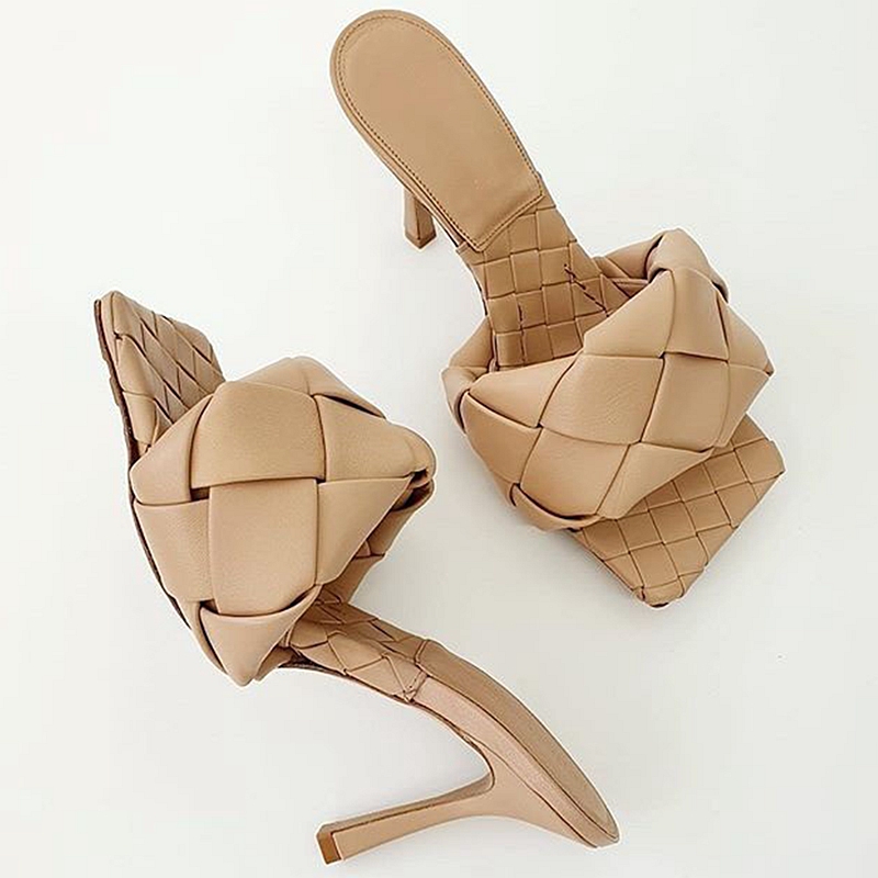 Square toe knit stiletto sandals