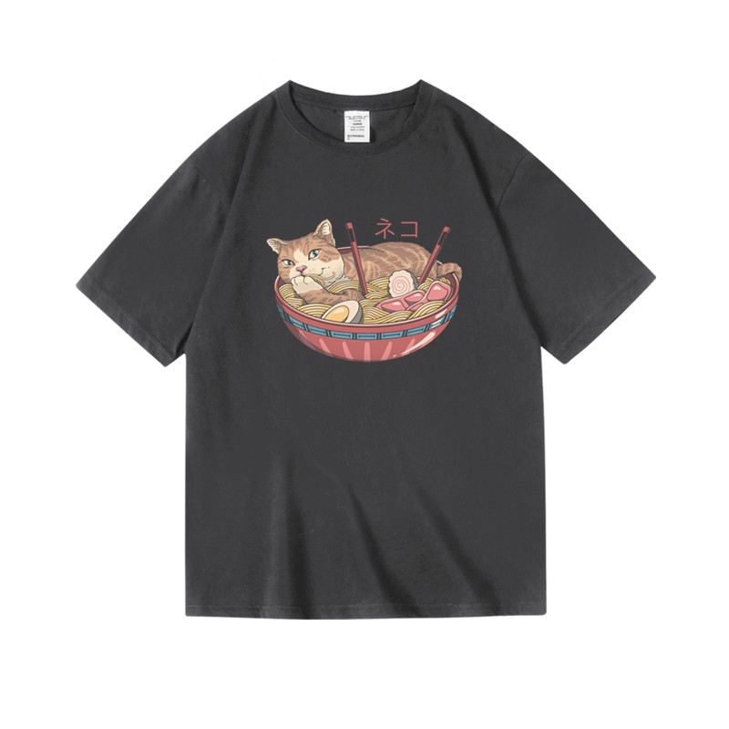 Carina T-shirt stampa ramen gatto, camicia cibo giapponese, top stampa animale, maglietta alla moda - Foto 2 di 6