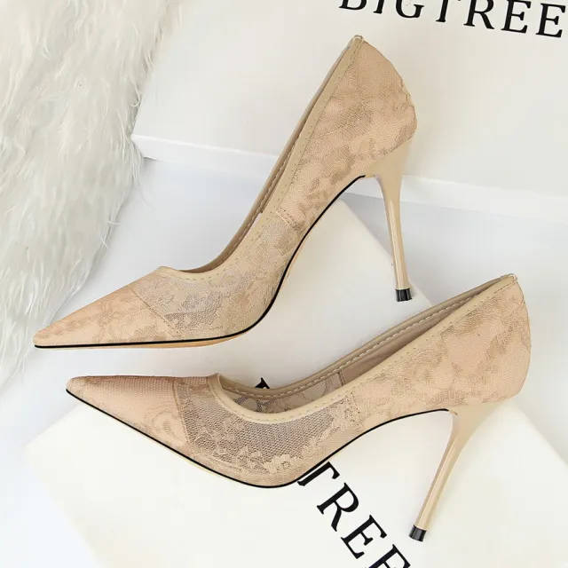 Pointed toe mesh hollow lace shoes Khaki - Shop at LoveMi