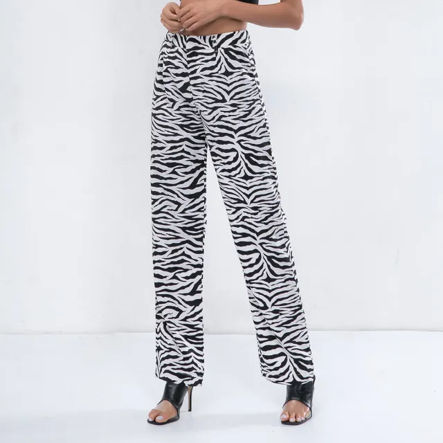 Women's zebra striped high waist casual trousers Grey - Shop at LoveMi