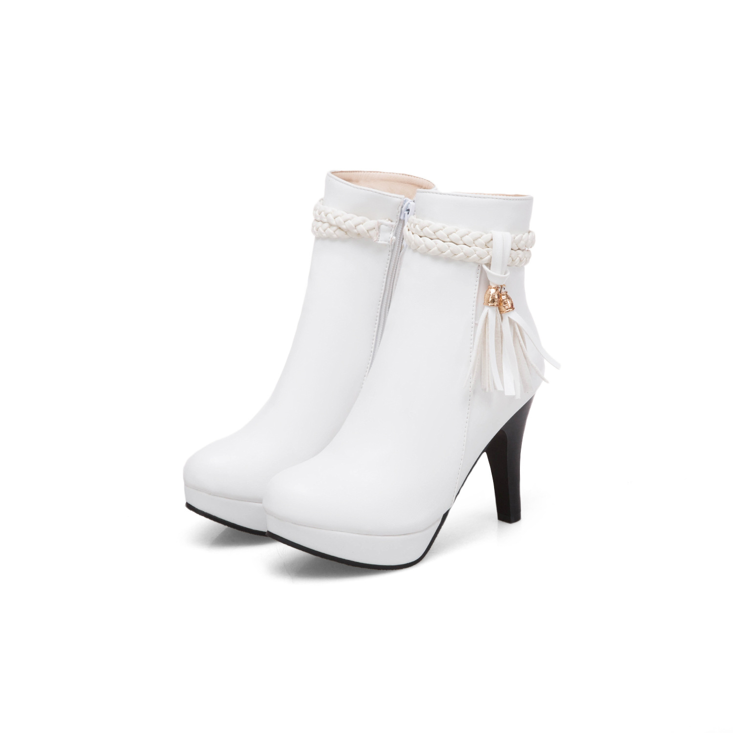 Women's round toe side zipper tassel ankle boots White - Shop at LoveMi