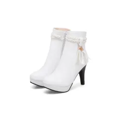 Women's round toe side zipper tassel ankle boots - White - View 1