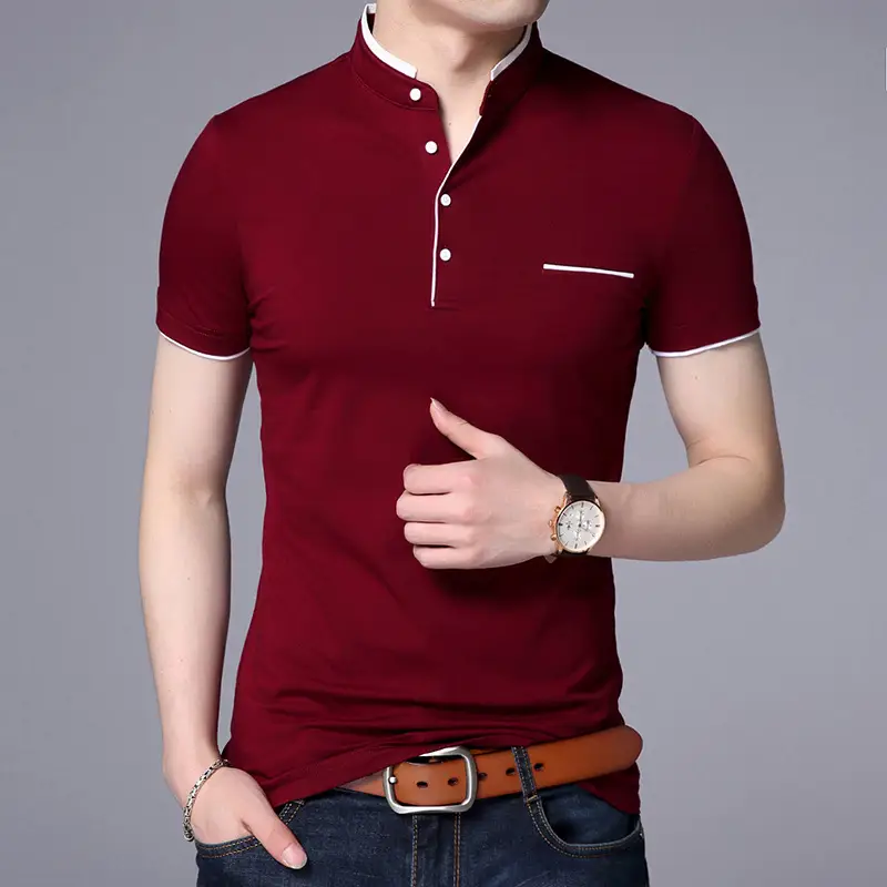 Casual solid color stand collar cotton short sleeves
