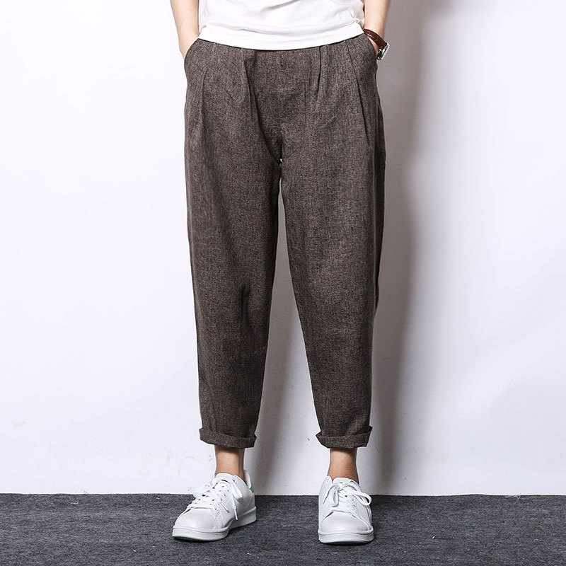 Loose cotton and linen casual cropped trousers