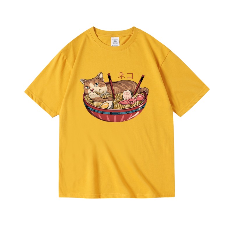 Carina T-shirt stampa ramen gatto, camicia cibo giapponese, top stampa animale, maglietta alla moda - Foto 6 di 6